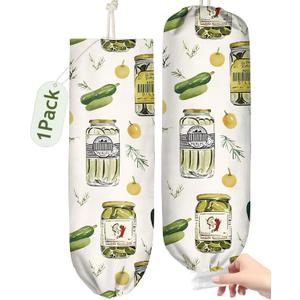 Plastic Bag Holder Organizer - 1 Pack Reusable Canvas Grocery Bags Holder Hanging Wall Cute Aesthetic Shopping Bag Storage Dispenser with Drawstring Closure for Kitchen Home, Canned