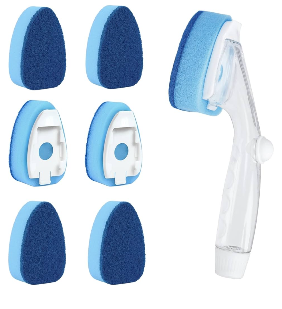 Clioran Dishwand Refills Sponges Heads with Soap Control Handle, 6 Non-Scratch Replacement Sponge Head for Dish Wand,Leak-Proof Handle,Universal Compatible Soap Dispensing Brush for Kitchen,Dishwasher