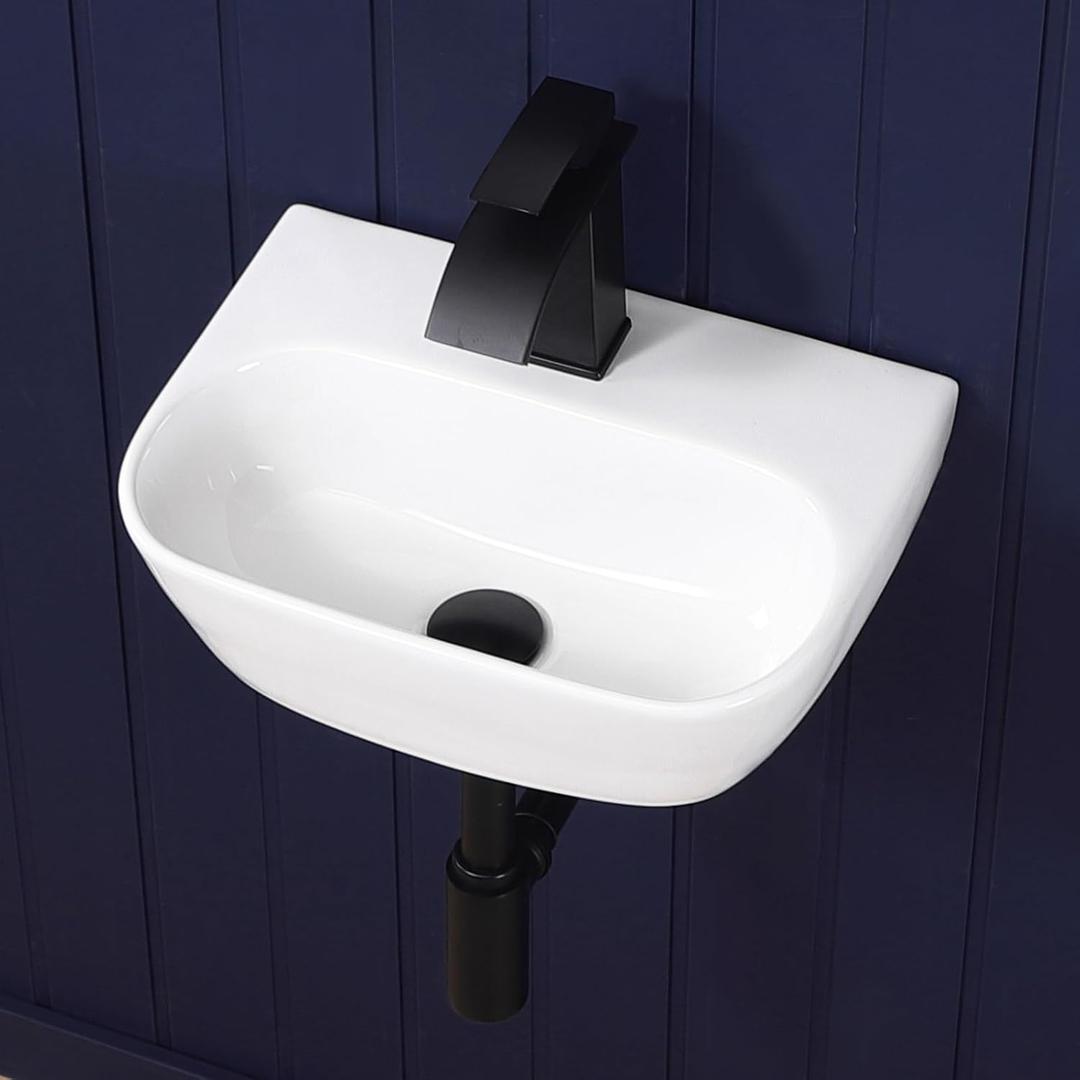 Small Vessel Sink 17"x12" Wall Mount Bathroom Sink Wall Mounted Oval Wall Hung Mini White Porcelain Ceramic Floating Tiny Sink,Easy Install, Durable, Space-Saving, Ideal for Home,RV, 16.5"x11.5"x5"