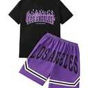 xueteox Summer Clothes for Boys 2 Pcs, Letter Print Tops and Shorts Sports Casual Outfit Set for Kids (Purple, 12Y)