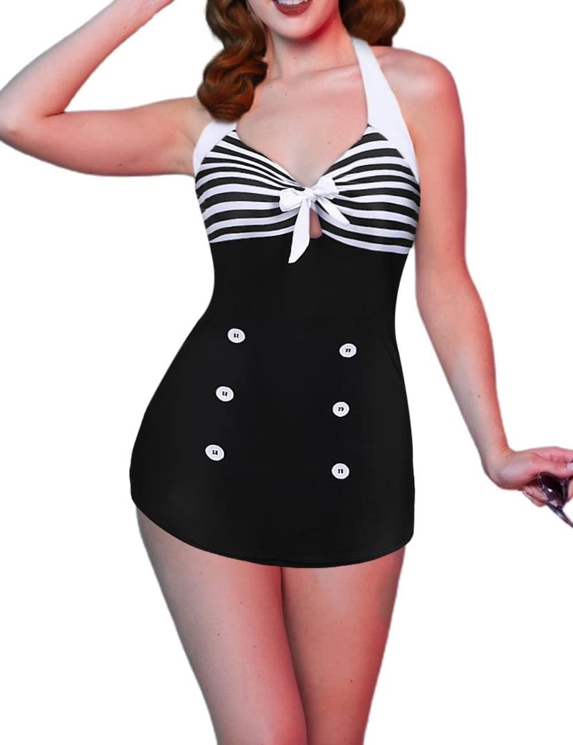 Ekouaer Womens One Piece Swimsuits Vintage Striped Skirt Bathing Suit Vintage Retro Push Up Swimwear (Black, XL)