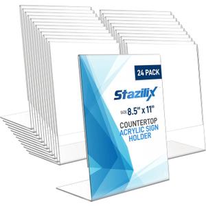 24 Pack Acrylic Sign Holder 8.5x11, Standing L-Shape Vertical Menu Holder Stand, Flyer Display Stand, Table Paper Holder, Plastic Sign Display Stand for Restaurants, Store, Office