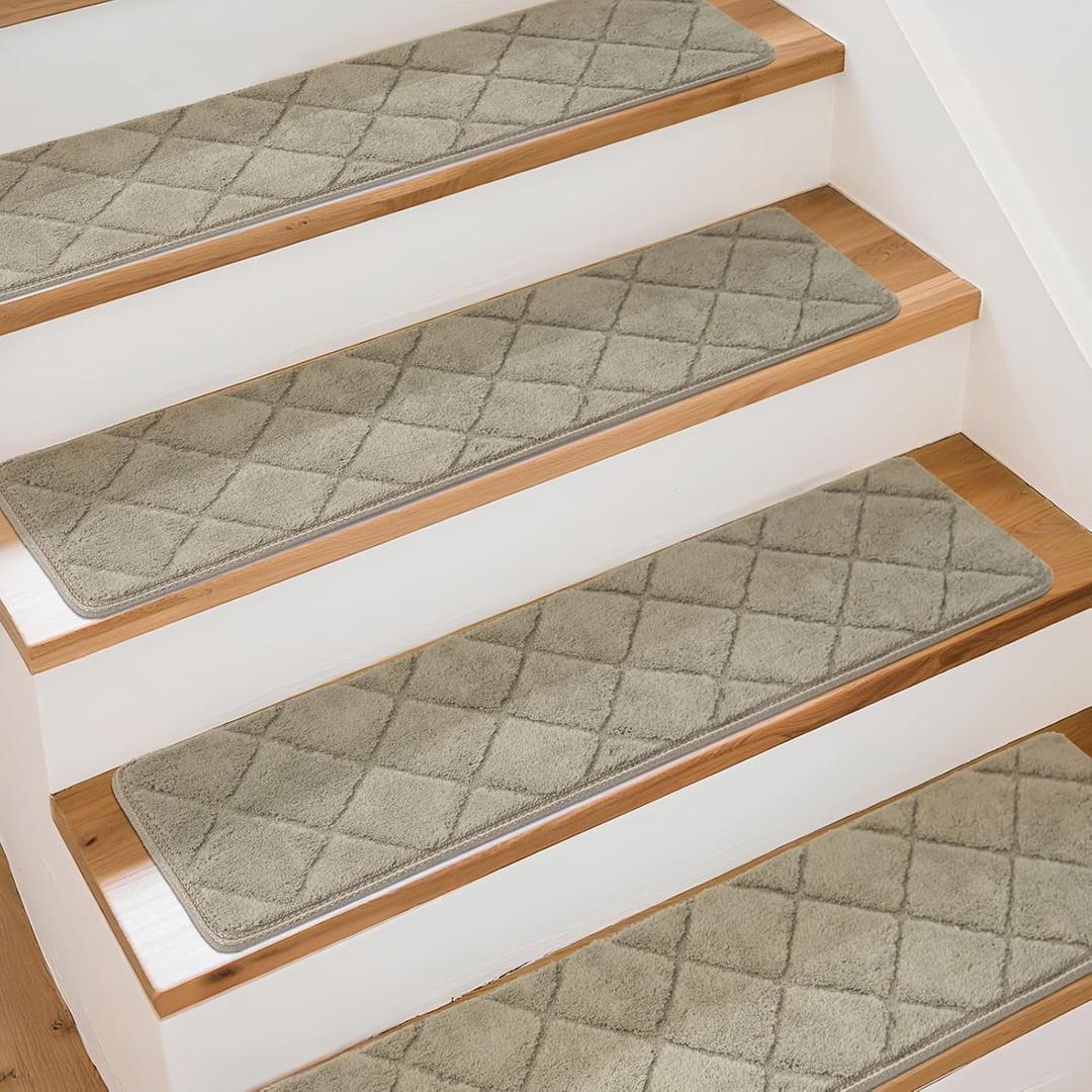 Art3d Stair Treads for Wooden Steps 15Pcs, 8" X 30" X 0.4" Non Slip Stair Runner Rugs with Reusable Adhesive for Elders Kids and Dogs, Washable Peel and Stick Stair Treads Carpet, Beige