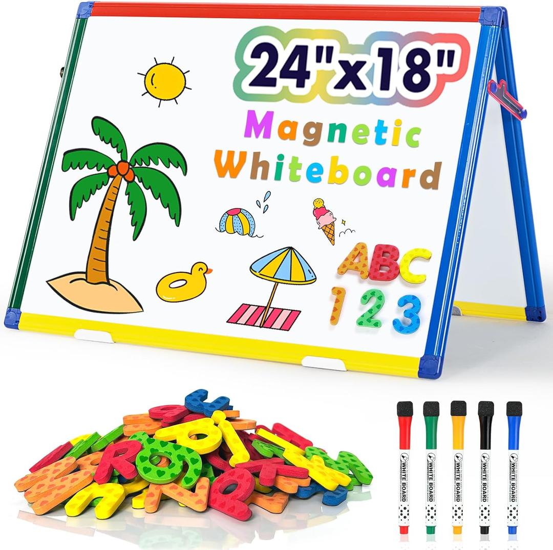 SWANCROWN Magnetic Board for Kids-Tabletop White Board for Children- 24x18 Inch Double Sided Foldable Dry Erase Board Standing with 82Pcs Alphabet Magnets Whiteboard Letters (tabletop Whiteboard)