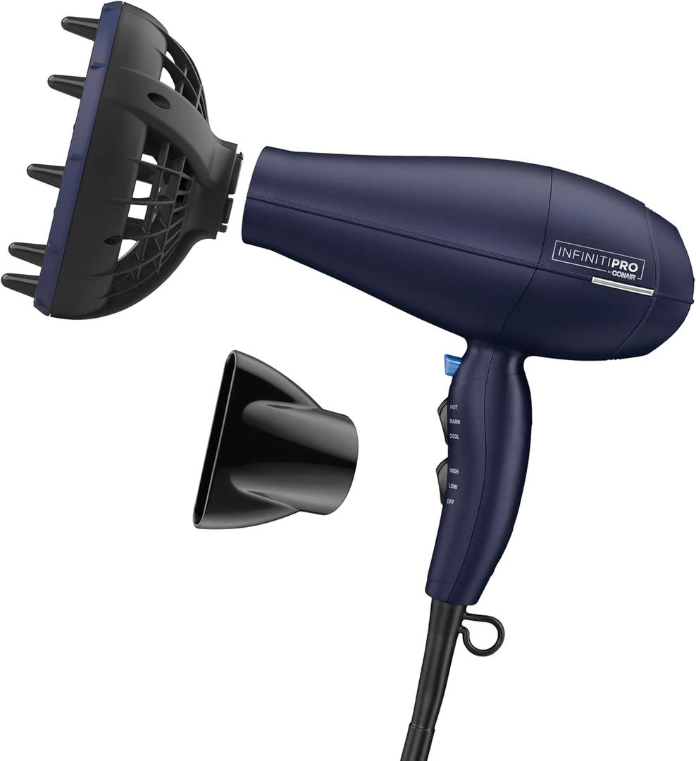 INFINITI PRO CONAIR Hair Dryer with Innovative Diffuser, Enhances Curls and Waves While Reducing Frizz, Dark Blue (1 Count (Pack of 1))