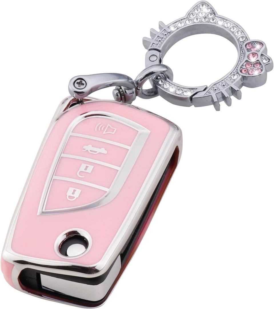 Pangpai Pink Key Fob Cover for Toyota, Soft TPU Key Case Protection with Bling Keychain Fit for Toyota Fortuner Tundra Camry RAV4 Highlander Corolla Smart Key Holder