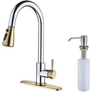 Keer Gold & Polished Chrome Single Handle Pull Down Kitchen Faucet with Soap Dispenser, 3 Modes Sprayer, Easy Assembly, Single Handle High Arc Stainless Steel Faucet