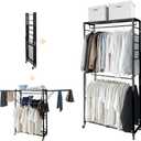 lumizone Folding Clothing Rack with Wheels Expandable Wardrobe Portable Clothes Rack for Hanging Clothes Adjustable Closet Shelves Garment Rack Durable Closet Racks for Hanging Clothes (Pro Black)