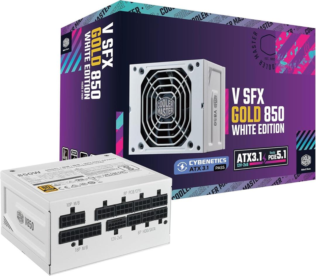 Cooler Master V850 SFX Gold 850W Fully Modular Power Supply 80+ Gold Certified SFF PSU, ATX 3.1 & PCIe 5.1 Ready, 90 Angled Cable, Low Noise, Small Form Factor ITX PSU, White
