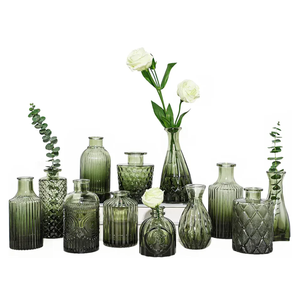 12pcs Green Glass Bud Vases Set, Small Vases for Flowers, Bud Vase for Centerpieces in Bulk, Mini Vintage Vase for Wedding Decorations, Office and Home Table Flower Décor