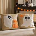 DN DECONATION Halloween Decorations Ghosts Pillow Covers 18x18 Set of 2, Ghost and Pumpkin Decor Halloween Throw Pillow Cover, Cute Soft Decorative Couch Sofa Pillows Cases Home Decor - Beige & Velvet