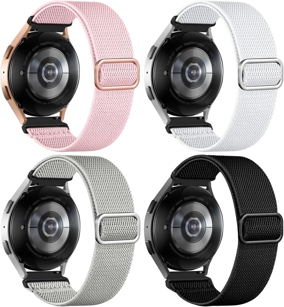 DaQin 4 Pack Stretchy Nylon Solo Loop Bands Compatible with Samsung Galaxy Watch 7 6 5 4 Band 40mm 44mm, Galaxy Watch 5 Pro/Watch 6 4 Classic Band/Active 2,20mm Soft Sport Band for Samsung Watch Bands
