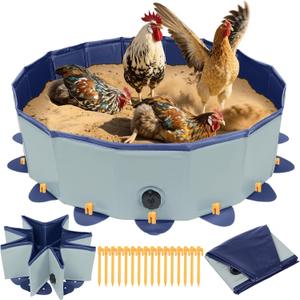Chicken Dust Bath Tub, 31.5'' D * 7.9'' H Chicken Dust Bath Container with 16 Ground Stakes, Foldable Design, Tough PVC, Dust Bath for Chicks, Chicken House Cleaner Container, Chicken Coop Accessories