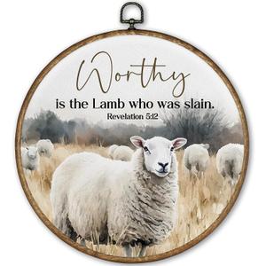 TLESKE Christian Scripture Worthy Is the Lamb Who Was Slain Round Wall Art Decor 10x10, Bible Verse Revelation 5:12 Framed Canvas Wall Art Prints Artwork, Religious Wall Hanging Room Decor for Bedroom