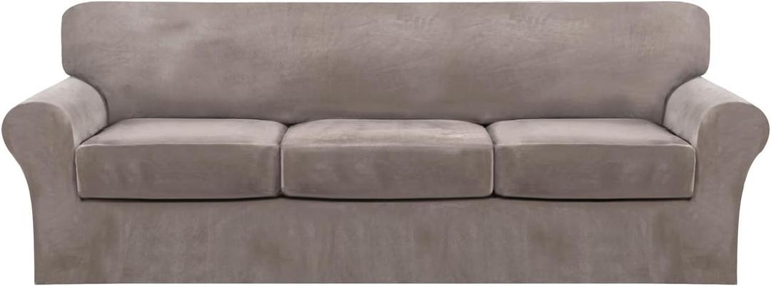 FantasDecor 4 Piece Sofa Velvet Couch Covers for 3 Cushion Stretch Slipcover with Individual Seat Cushion Elastic Furniture Protector for Pets, Machine Washable (Large Sofa, Taupe)