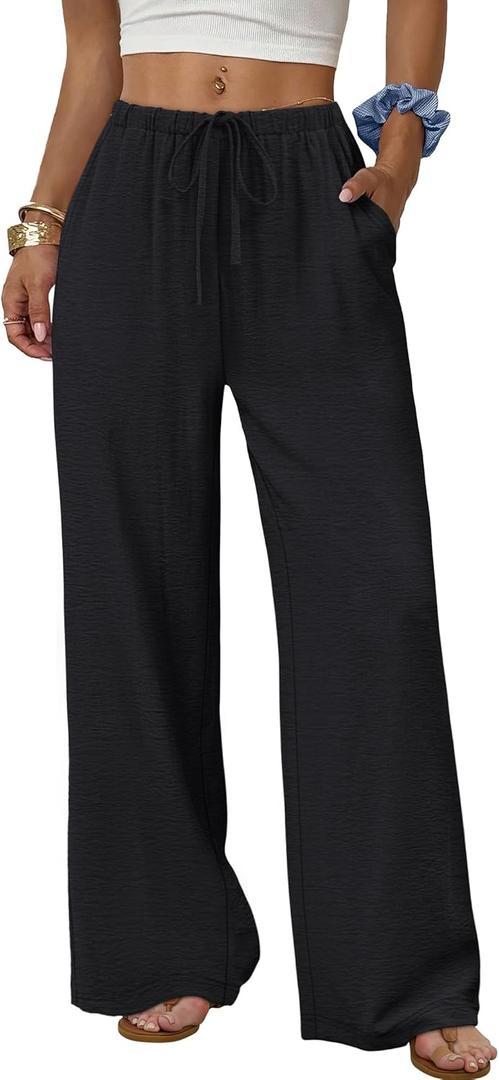 Sampeel Black Linen Pants for Women Work Casual Business Outfits Wide Leg Palazzo Summer Pants Tall Drawstring Elastic Waist with Pockets Plus Size Clothes XL