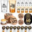 Domensi 30 Set 50 Years Birthday Party Favors for Guests 2 Styles Acrylic Shot Glasses Cheers to Birthday Coaster Souvenir Thank You Tags with Organza Bags Twine for Anniversary Wedding Shower