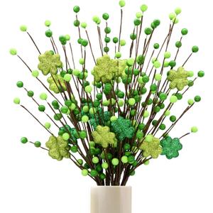 6 Pack Shamrock Berry Stems Decor, 24Inch Artificial Clover Stems for St. Patrick's Day Decorations, Festive Greenery St Patrick Berry Picks for Table Centerpieces and DIY Irish Holiday Crafts