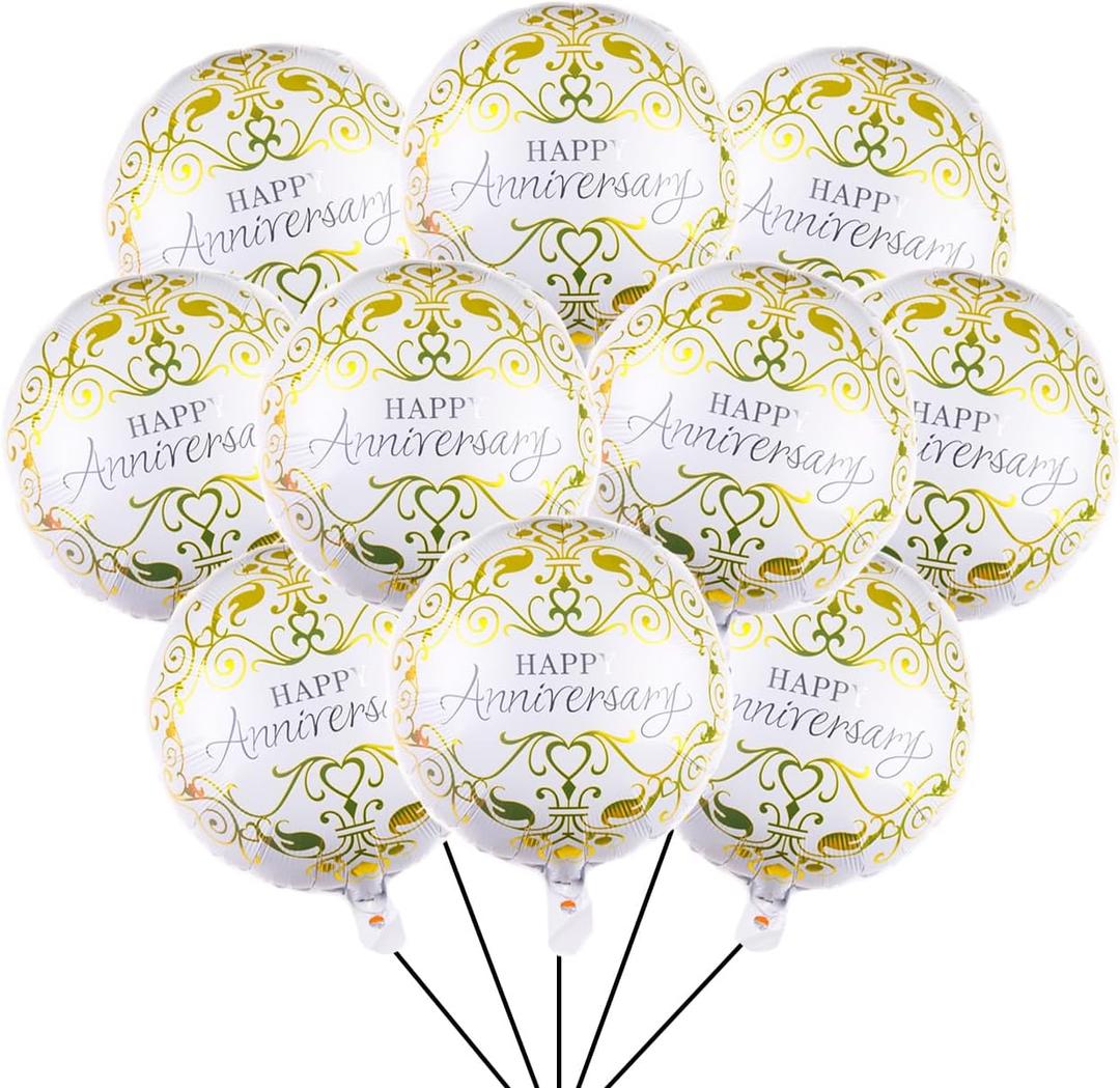 10PCS Happy Anniversary Party Balloons Anniversary Party Decorations White Gold Aluminum Balloon for Women Men