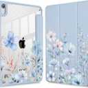 May Chen for iPad Air 11-inch M4/M3/M2 (2026/2025/2024), iPad Air 5th/4th 10.9 Inch - Shockproof Cover with Clear Back Shell & Penceil Holder Auto Wake/Sleep Stand Cover, Blue Flowers