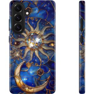 DEENAKIN for Samsung Galaxy S26 Case Cute,Aesthetic Stained Glass Moon and Sun Royal Blue, Compatible with Magsafe, Fancy Cool Retro Western Protective Slim Silicone Phone Cover for Women Girls (Blue)