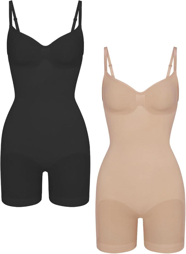 EUYZOU Shapewear Bodysuit for Women Tummy Control Seamless Sculpting Body Shaper Top (X-Small-Small, Black/Skin 2pk)