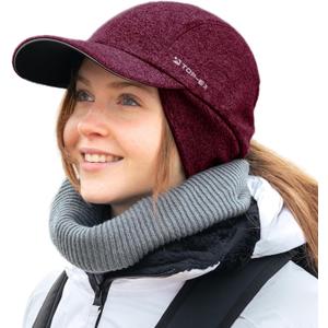 TOP-EX M/L/XL Unisex Water-Repellent Baseball Cap with Ear Flap Ponytail Hole Reflective Winter Hat Fleece Lining Hat (Red)