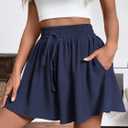 Women's Casual Shorts Wide Leg Flowy Quick Dry Summer Short Stretch Drawstring High Waist Shorts with Pockets (Dark Blue)