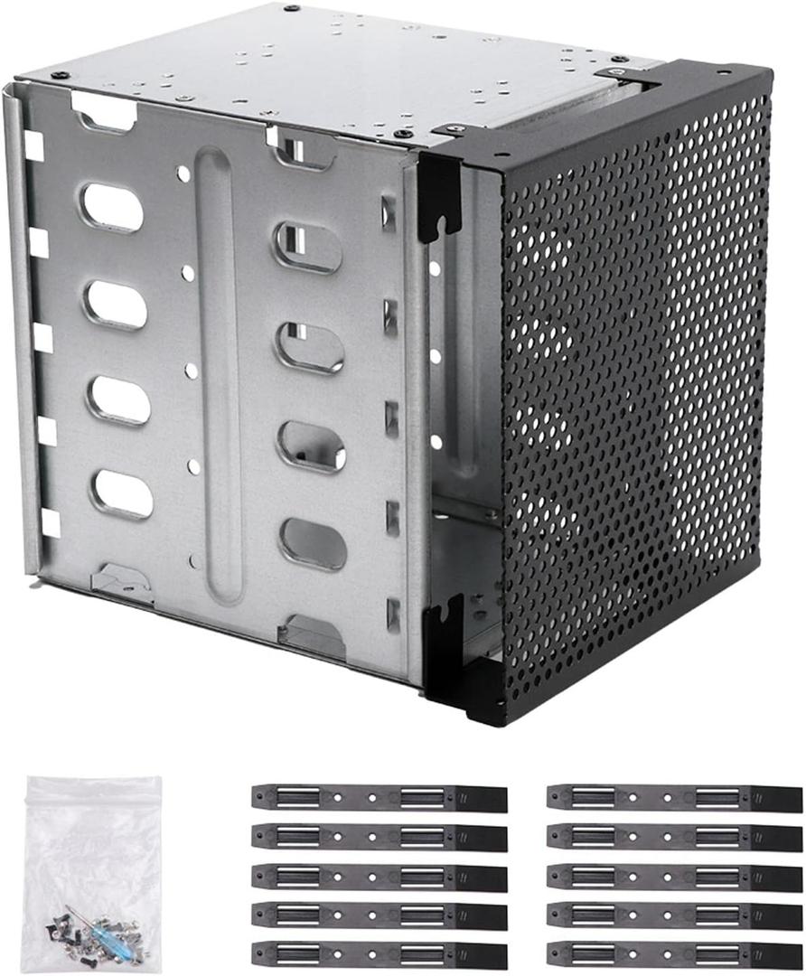 EMVANV Stainless Steel Hard Drive Cage, 5.25" to 5x 3.5" with Fan Space, Adapter Rack Bracket (Silver)