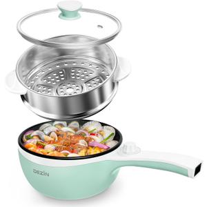 Dezin Hot Pot Electric with Steamer Upgraded, Non-Stick Saut Pan, Rapid Noodles Electric Pot, 1.5L Mini Pot for Steak, Egg, Fried Rice, Ramen, Oatmeal, Soup with Power Adjustment