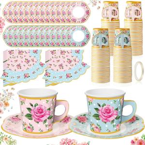 Umigy 60 Set Tea Party Decorations 6.5oz Floral Paper Tea Cups with Handle and Saucers Paper Napkins with Tape, Blossom Disposable Cups and Saucers Sets for Wedding Birthday Baby Shower(Elegant)