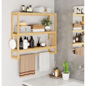 Bathroom Shelf Storage Organizer,Floating Wall Mount 3-Tier Adjustable Layer Bamboo Kitchen Organizer with Bar, Standing Shelf Units, Towel Rack