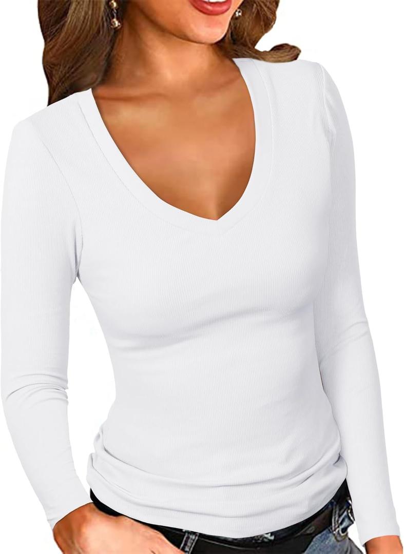 PALINDA Women's Ribbed V Neck Slim Fitted T Shirts Basic Solid Long Sleeve Layering Tee Tops (Large)
