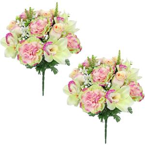 Briful Artificial Flowers Bouquet - 2 Pack Faux Silk Floral Arrangement Fake Carnations Roses Orchid Mixed Flower for Home Office Room Vase Memorial Grave Outdoor Decor