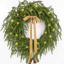 Christmas Wreath -24 Inch Real Touch Norfolk Pine Wreath for Front Door, Christmas Wreath with Lights, Greenery Wreath with Ribbon Bell for Home Table Wall Window Indoor Outdoor Christmas Decoration