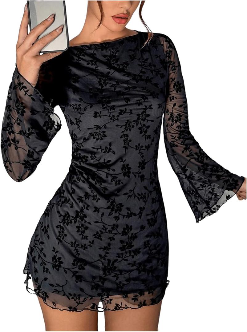 SOLY HUX Women's Floral Sexy Mesh Mini Dress Bell Long Sleeve Bodycon Going Out Dresses (Large, Black)