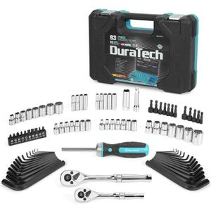 DURATECH 93 Piece Mechanics Tool Set, SAE/Metric Drive Socket Set(1/4 Inch and 3/8 Inch) with Ratchet handle Spark Plug Magnetic bit driver and Tool Accessories Set