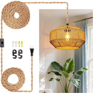 Hanging Light Ceiling Lamp Pendant Lights Rattan Hanging Lamp with Plug in Cord for Living Room Bedroom Kitchen Indoor Hanging Lamp Plug in Woven Lampshade