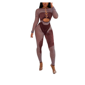 Women's Sexy Mesh See Through Onr Piece Set Long Sleeve Cut Out Bodycon Jumopsuit with Lace L