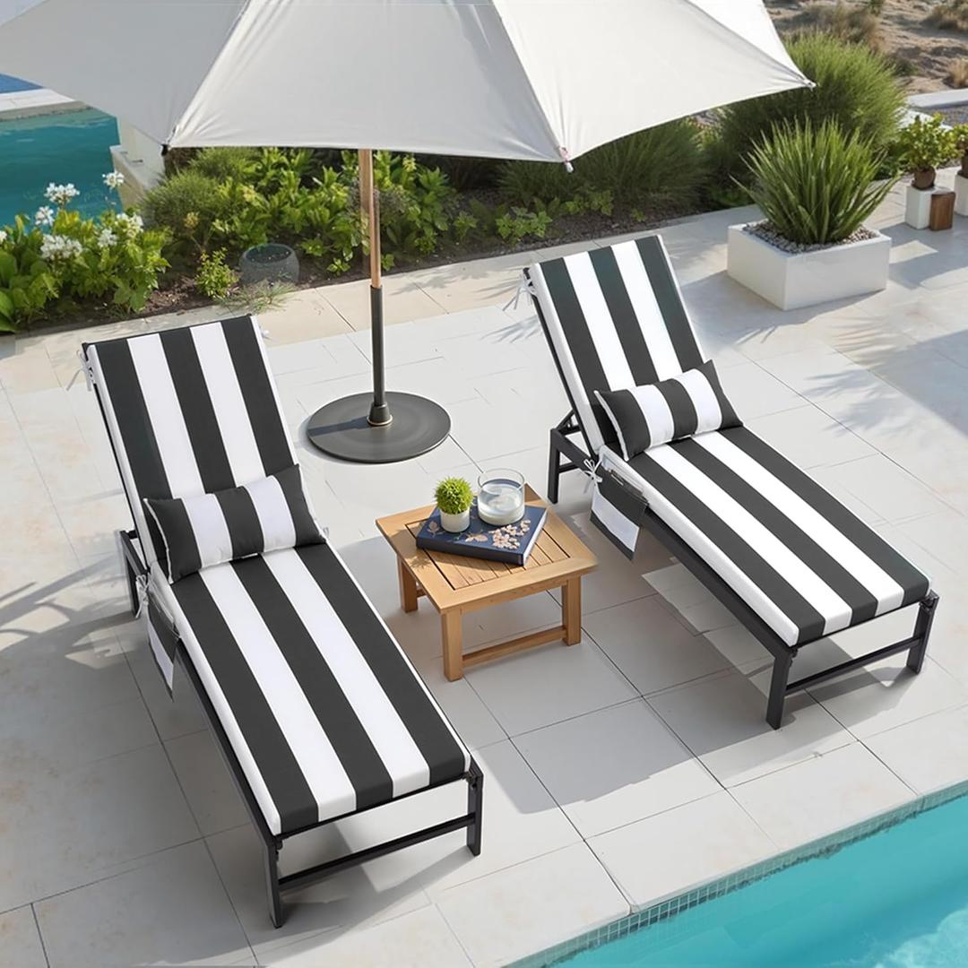 Outdoor Chaise Lounge Cushion Set of 2 with Head Pillow and Side Pockets, Water Repellent & Weather Resistant Patio Recliner Lounge Chair Cushions for Lawn, Pool & Beach (Black Stripe, 72" x 21")