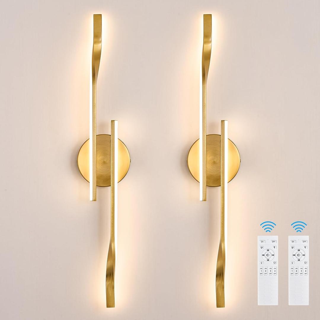 Gold Hardwired LED Wall Sconce Set of 2, Remote Control Wall Lamp for Bedroom Modern Dimmable Wall Light for Bedroom Living Room Foyer 15W