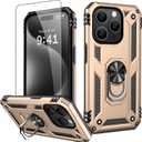 2 x IKAZZ for iPhone 13 Pro Max Case 6.7 Inch with Screen Protector,Military Grade Shockproof Heavy Duty Protective Phone Cover Pass 16ft Drop Test with Magnetic Kickstand Car Mount Holder,Gold