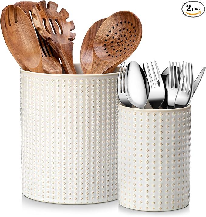 Ceramic Utensil Holders, 7.3"+5.5" Kitchen Utensil Crock Set for Countertop, Large & Small Utensil Organizers for Cooking Tools, Rhombus Pattern