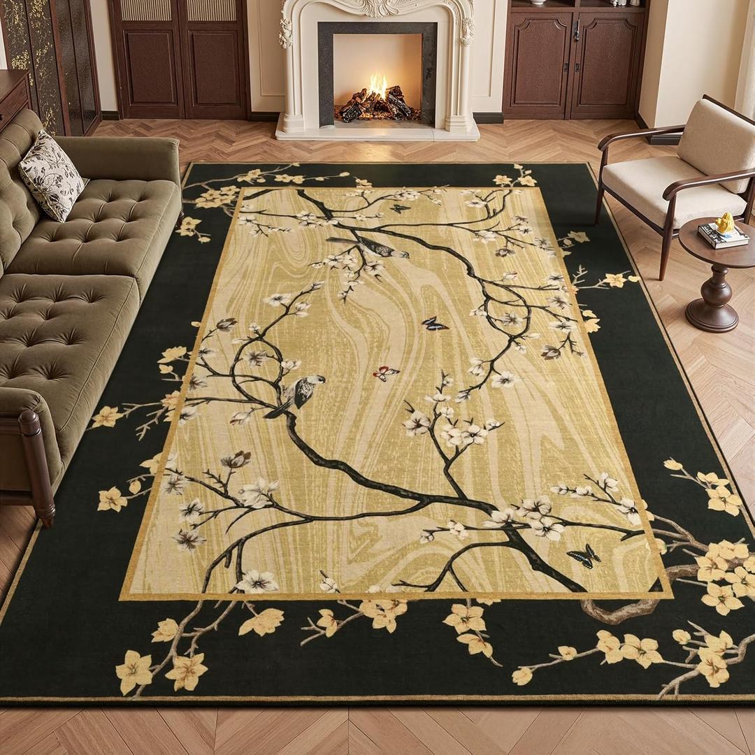 8x10 Area Rugs for Living Room, Oriental Floral Birds Large Washable Rug for Bedroom, Soft Low Pile Non Slip Carpet for Dining Room Kids Room Farmhouse Office Home Decor, Black Gold