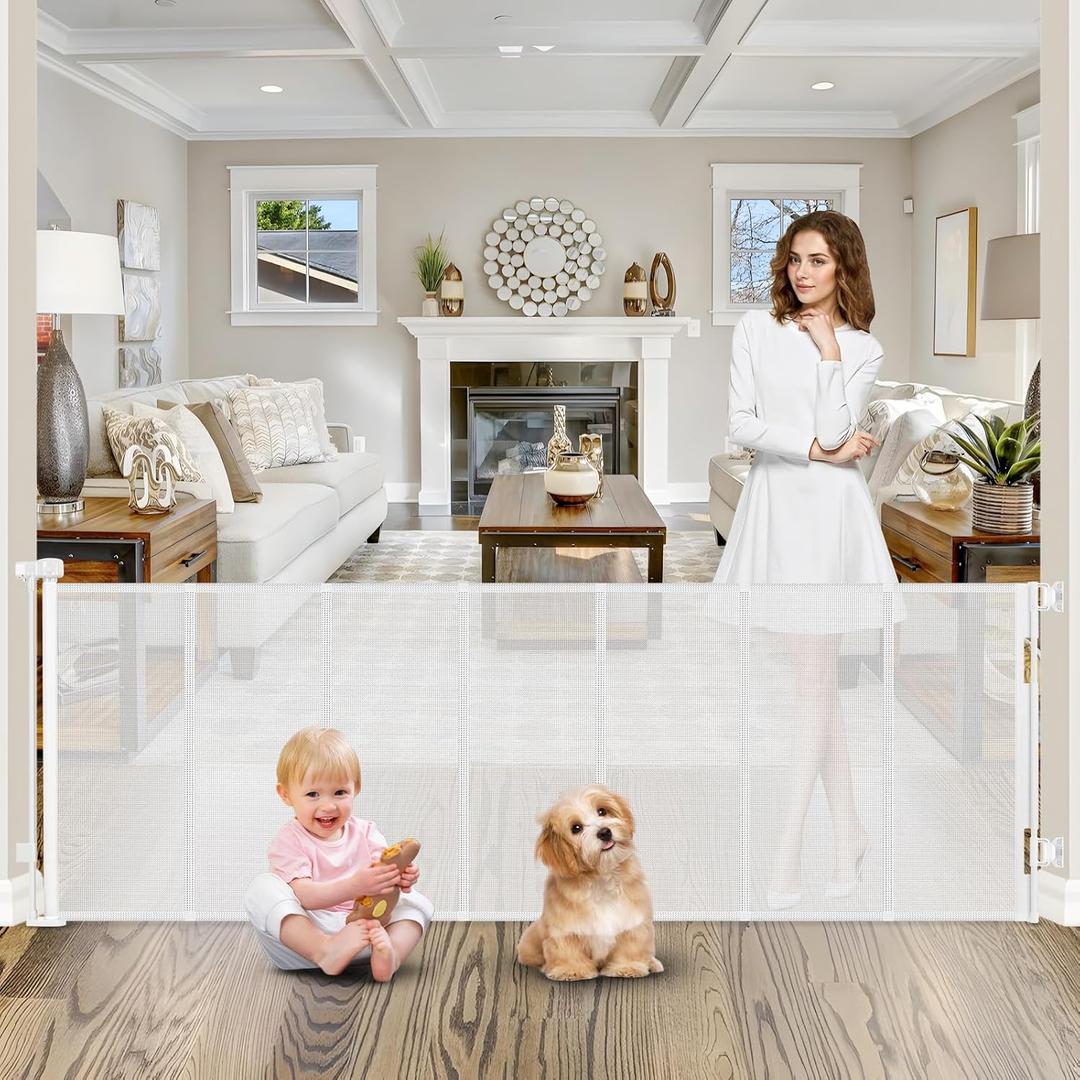 Reinforced 120 Inch Extra Wide Retractable Baby Gates For Doorways Extra Long Baby Gates for Large Openings Outdoor 10 Ft Retractable Child Gates for Doorways Indoor Retractable Dog Gate for The House (White)