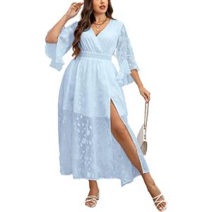 EYWOL Wedding Guest Dress Plus Size Ruffle Bell Sleeve V Neck A Line Flowy Empire Waist Maxi Dresses with Slit, 1X
