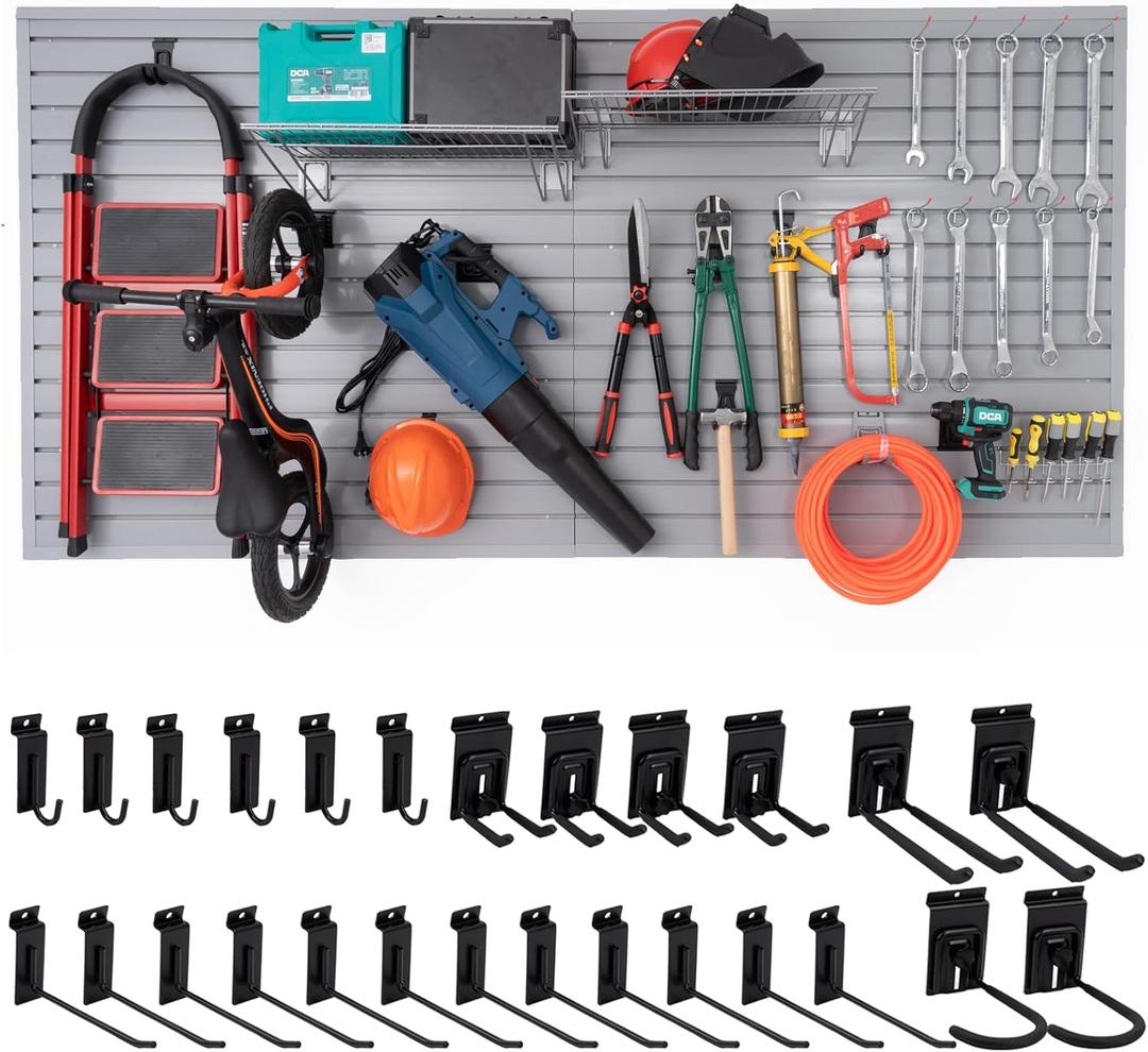 FRAYSCENT Slat Wall Paneling Garage Slat Wall Storage Systems Slatwall Panels Power Tool Organizer Wall Mount, PVC Garage Storage & Organization Products Slate Board (Grey, 4ft x 8ft with 26 Hooks)
