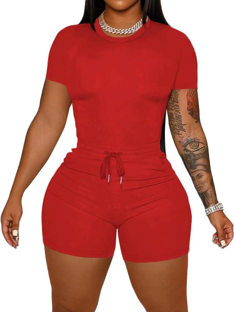 HBQ Women 2 Piece Outfits Summer Sweatsuits Track Suits Crop Tops Biker Short Workout Jogger Sets Red L HBQ Women 2 Piece Outfits Summer Sweatsuits Track Suits Crop Tops Biker Short Workout Jogger Sets Red L