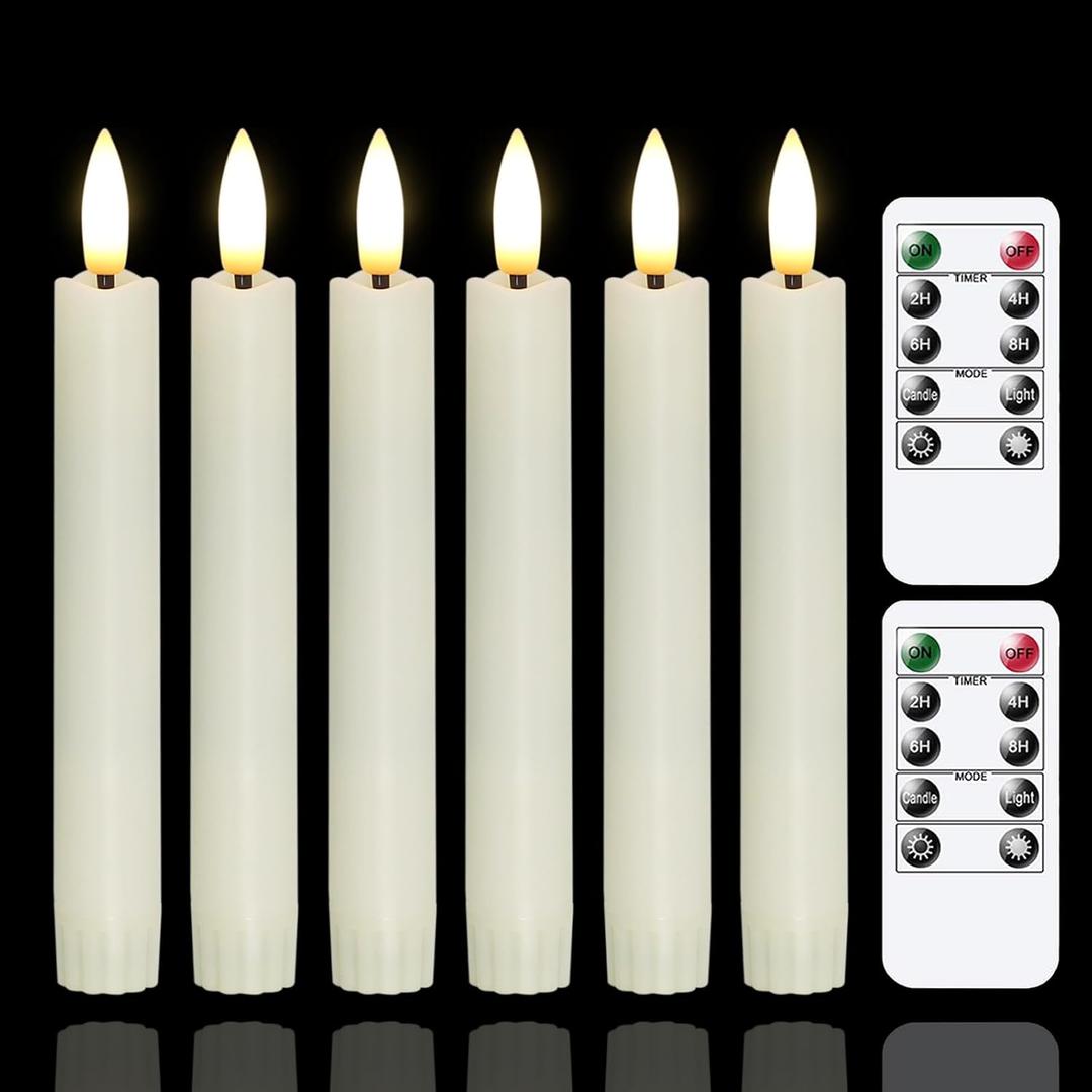 Yeelida Battery Operated Flameless Taper Candles with Two Remote Timer, 6.4" LED 3D-Wick Window Candles, Flickering Long-Lasting Warm Light Electric Pack of 6 Flameless Candlesticks (0.78" Dia,Ivory)