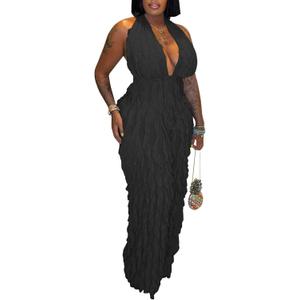 Ryehack Backless Jumpsuit for Women Sexy See Through V Neck Halter Sleeveless Ruffle Wide Leg Pants Romper (Black), Size: X-Large